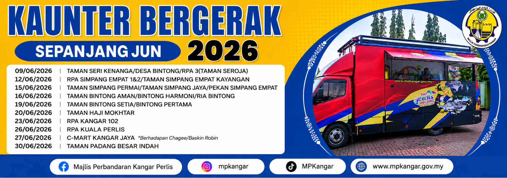 Jadual Perkhidmatan Kaunter Bergerak MPKangar bagi bulan Jun 2026.